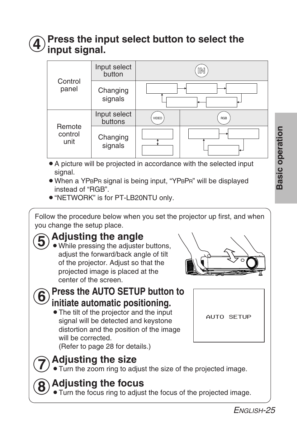 Adjusting the size, Adjusting the focus, Adjusting the angle | Panasonic LB20NTU User Manual | Page 25 / 144