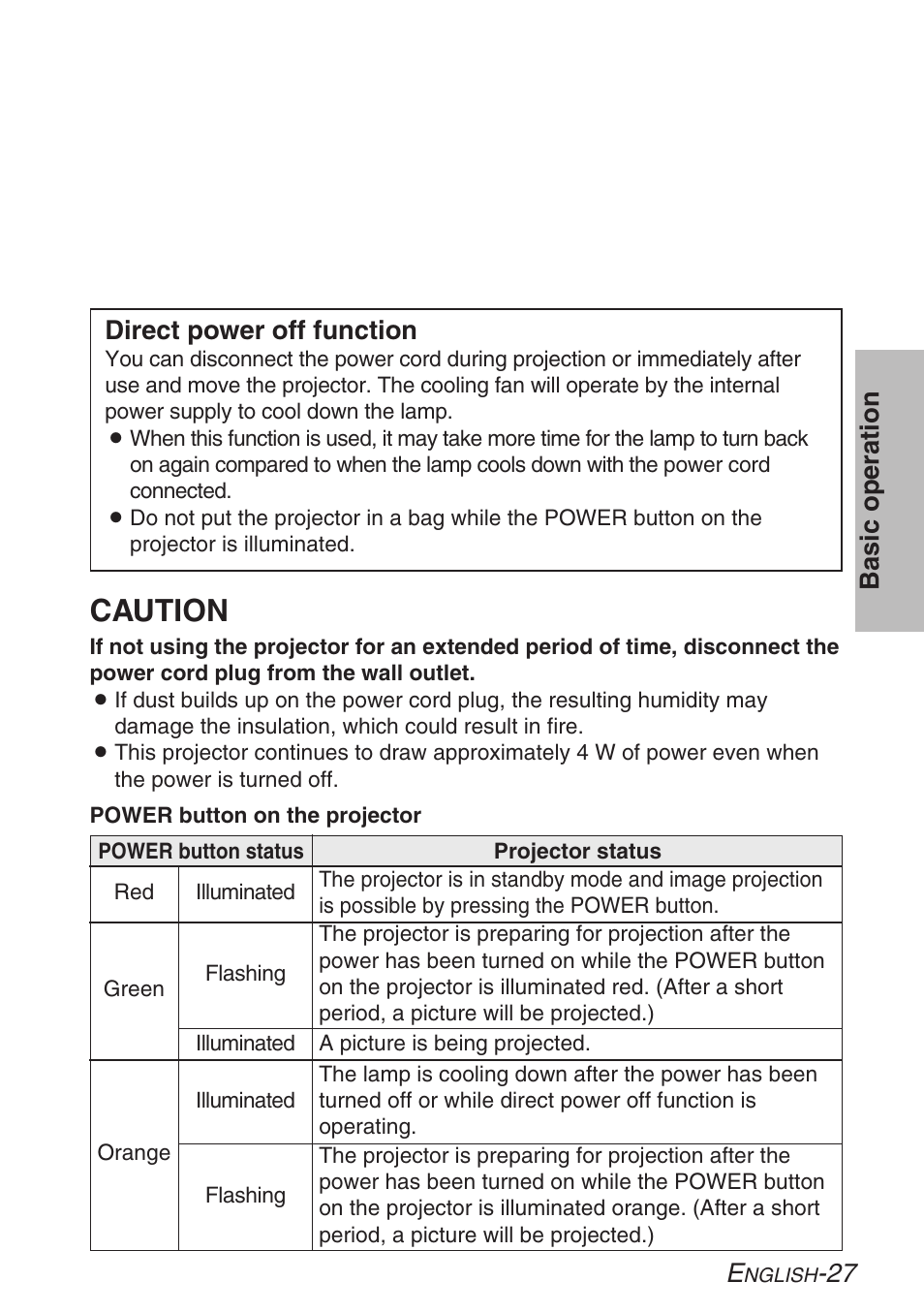 Caution, 27 basic operation, Direct power off function | Panasonic LB20NTU User Manual | Page 27 / 144