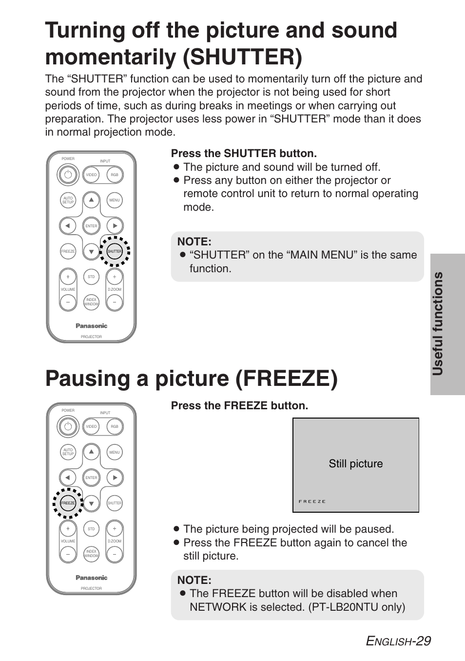 Turning off the picture and sound momentarily, Pausing a picture, Pausing a picture (freeze) | 29 useful functions, Nglish | Panasonic LB20NTU User Manual | Page 29 / 144