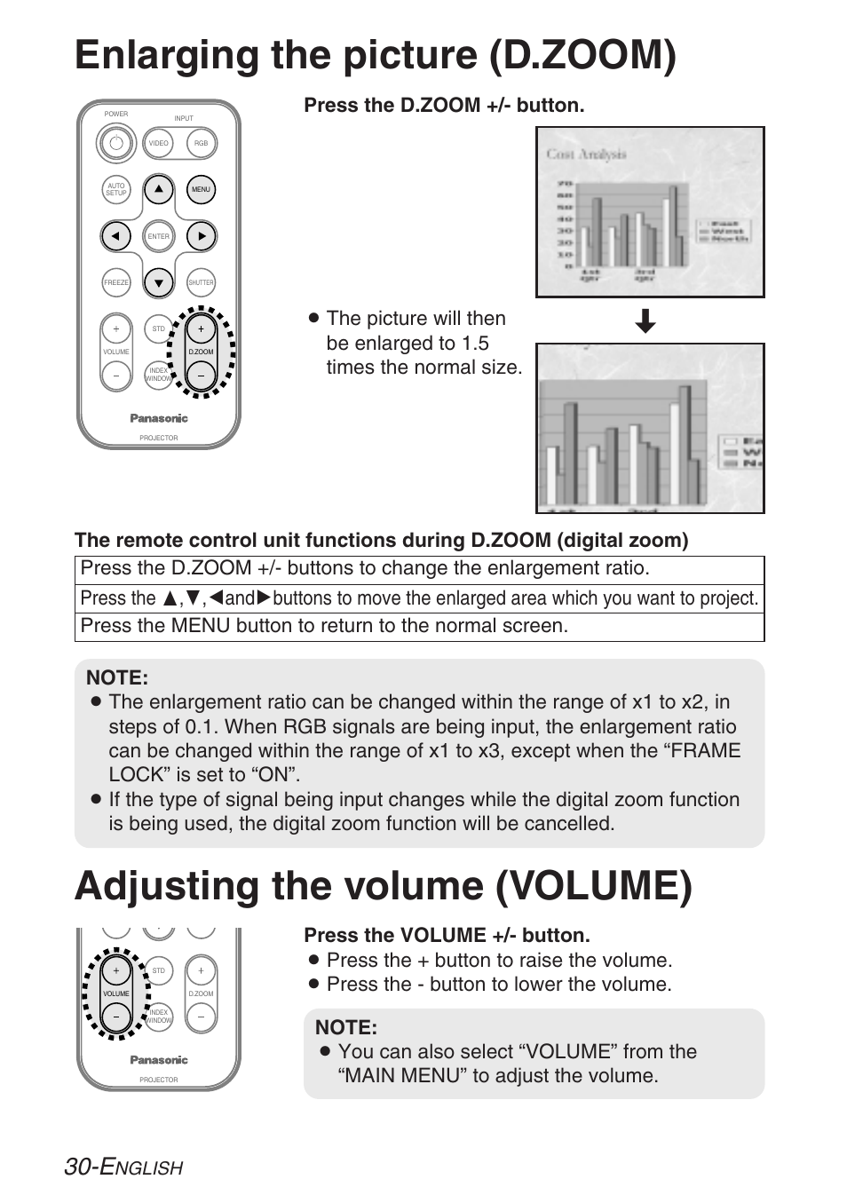 Enlarging the picture, Adjusting the volume, Nglish | Panasonic LB20NTU User Manual | Page 30 / 144