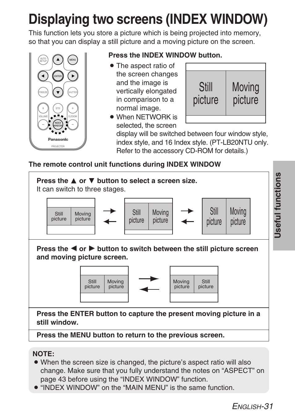 Displaying two screens, Displaying two screens (index window), 31 useful functions | Still picture moving picture | Panasonic LB20NTU User Manual | Page 31 / 144