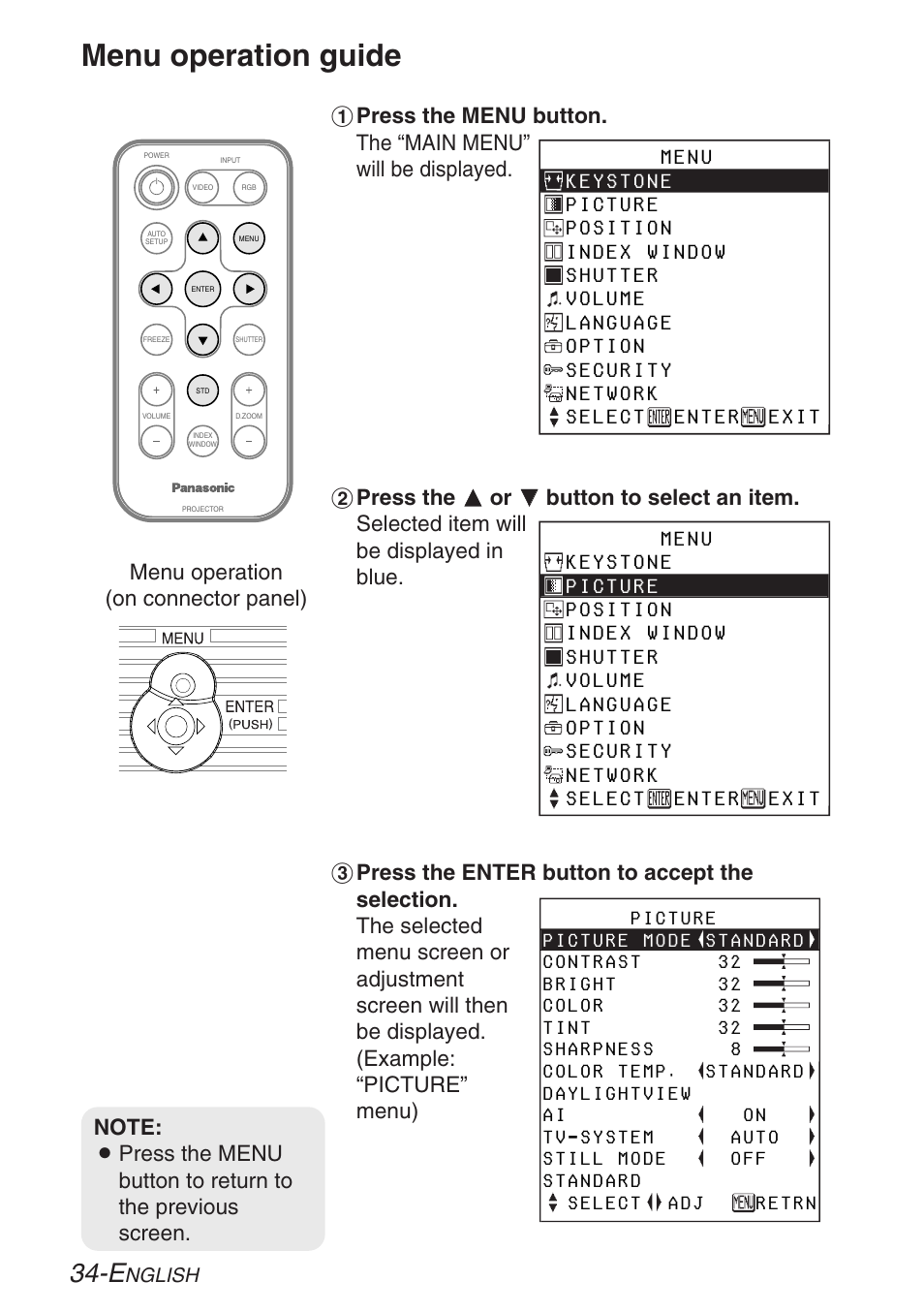 Menu operation guide | Panasonic LB20NTU User Manual | Page 34 / 144