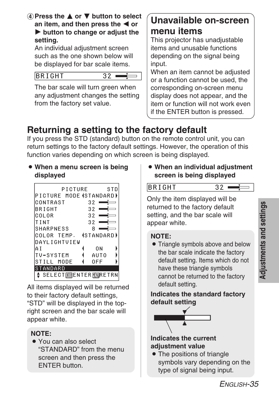 Unavailable on-screen menu items, Returning a setting to the factory default, 35 adjustments and settings | Panasonic LB20NTU User Manual | Page 35 / 144