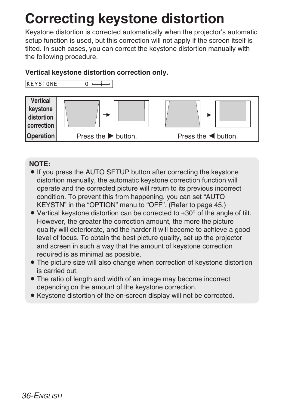 Correcting keystone distortion | Panasonic LB20NTU User Manual | Page 36 / 144