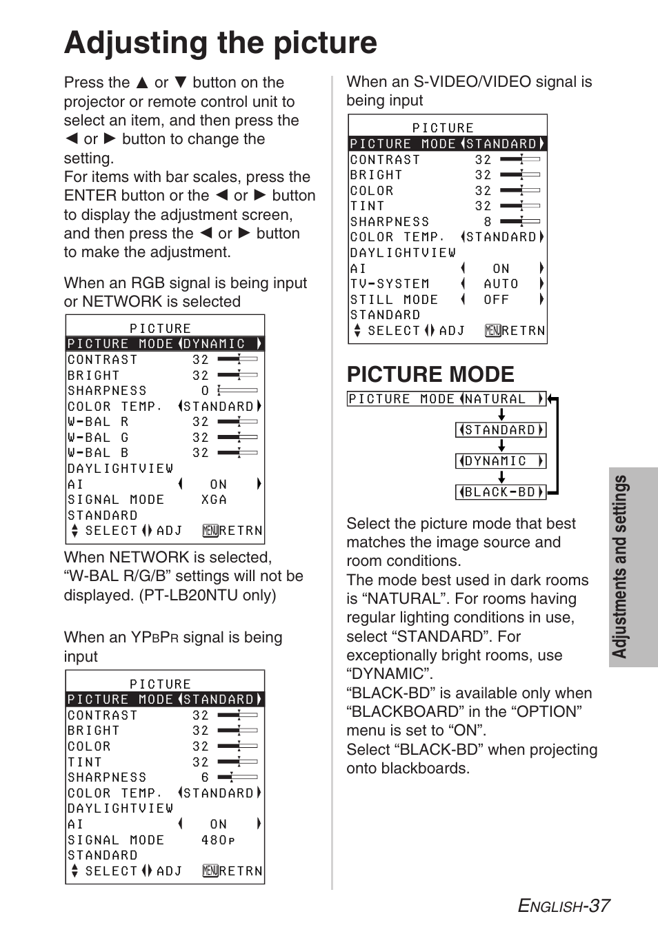 Adjusting the picture, Picture mode, 37 adjustments and settings | Panasonic LB20NTU User Manual | Page 37 / 144