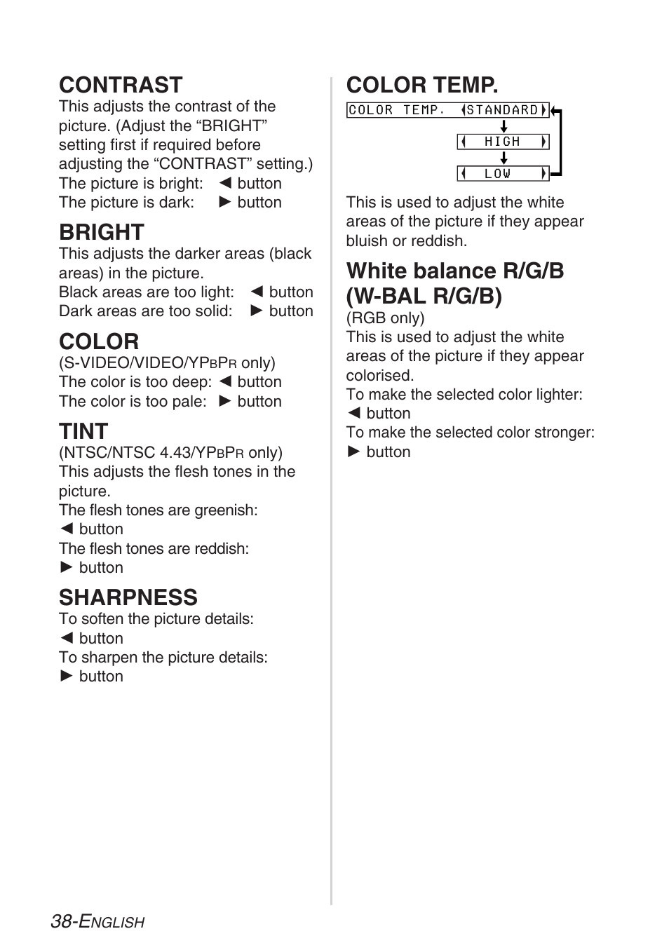 Contrast, Bright, Color | Tint, Sharpness, Color temp, White balance r/g/b (w-bal r/g/b) | Panasonic LB20NTU User Manual | Page 38 / 144