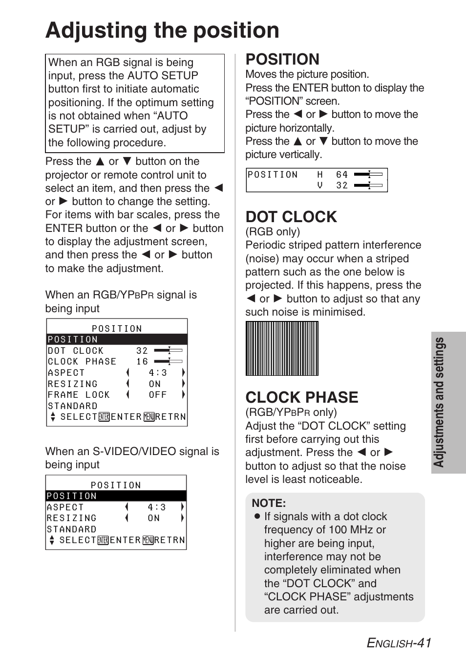 Adjusting the position, Position, Dot clock | Clock phase, 41 adjustments and settings | Panasonic LB20NTU User Manual | Page 41 / 144