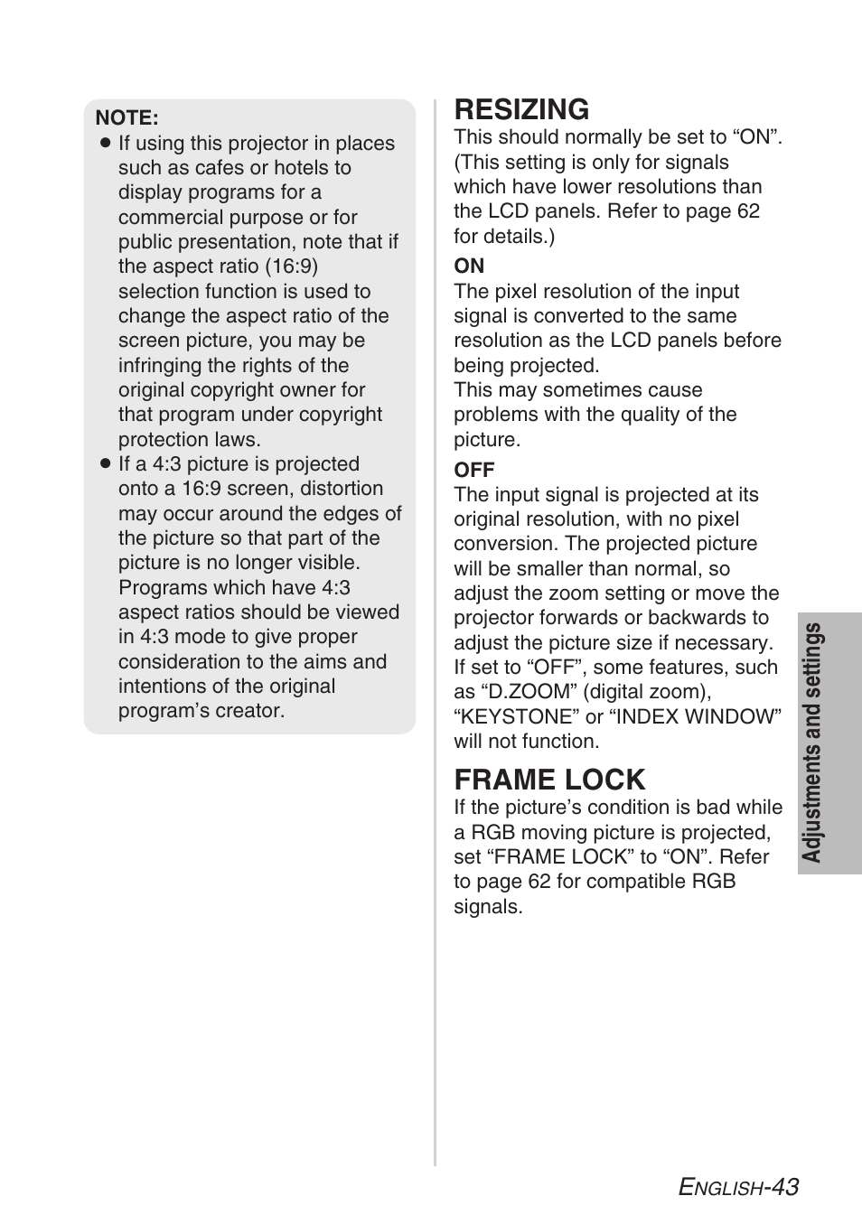 Resizing, Frame lock | Panasonic LB20NTU User Manual | Page 43 / 144
