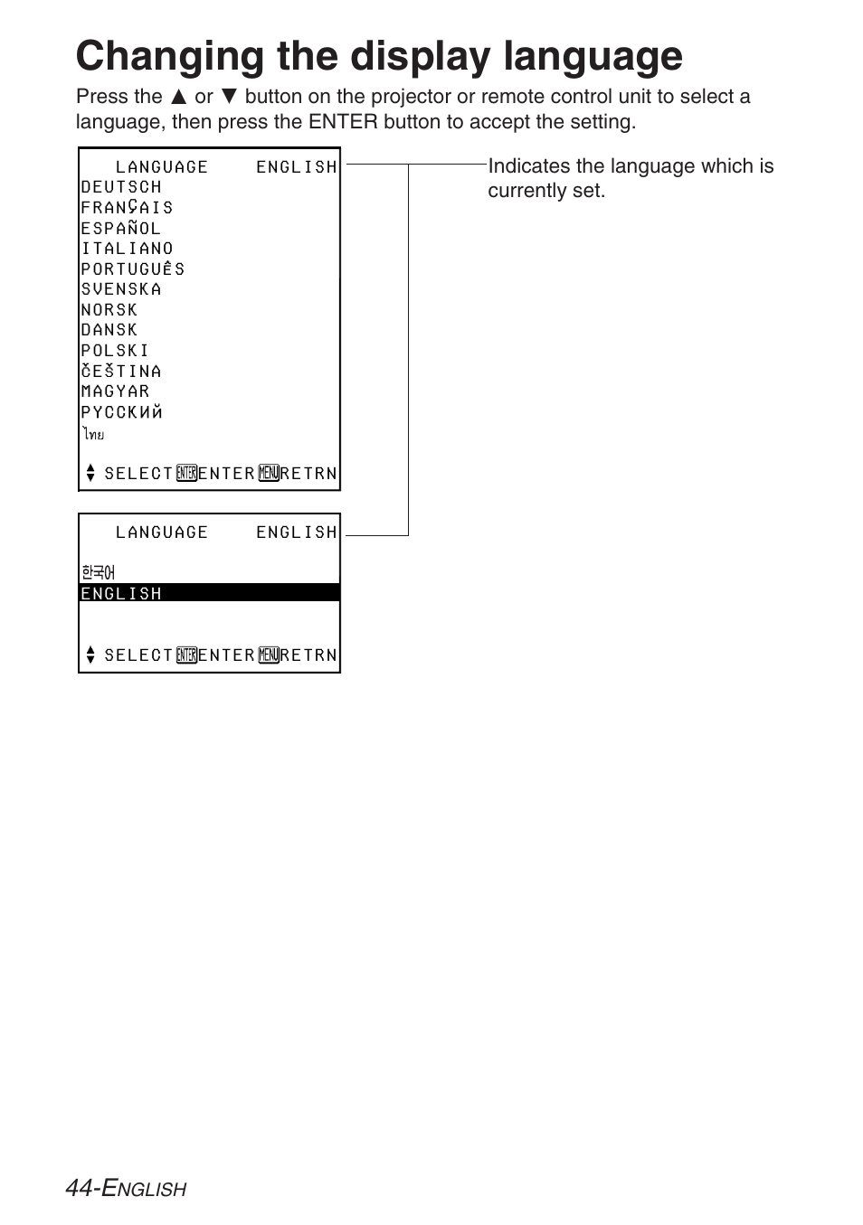 Changing the display language | Panasonic LB20NTU User Manual | Page 44 / 144