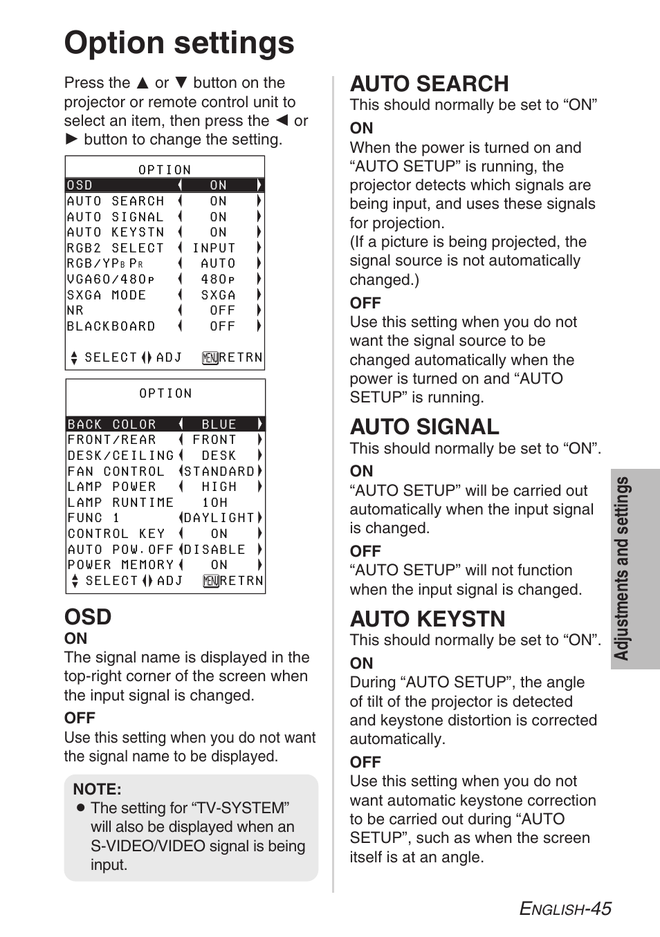 Option settings, Auto search, Auto signal | Auto keystn | Panasonic LB20NTU User Manual | Page 45 / 144