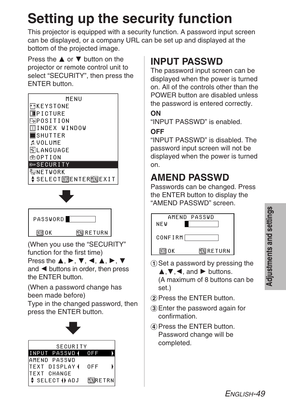 Setting up the security function, Input passwd, Amend passwd | Panasonic LB20NTU User Manual | Page 49 / 144