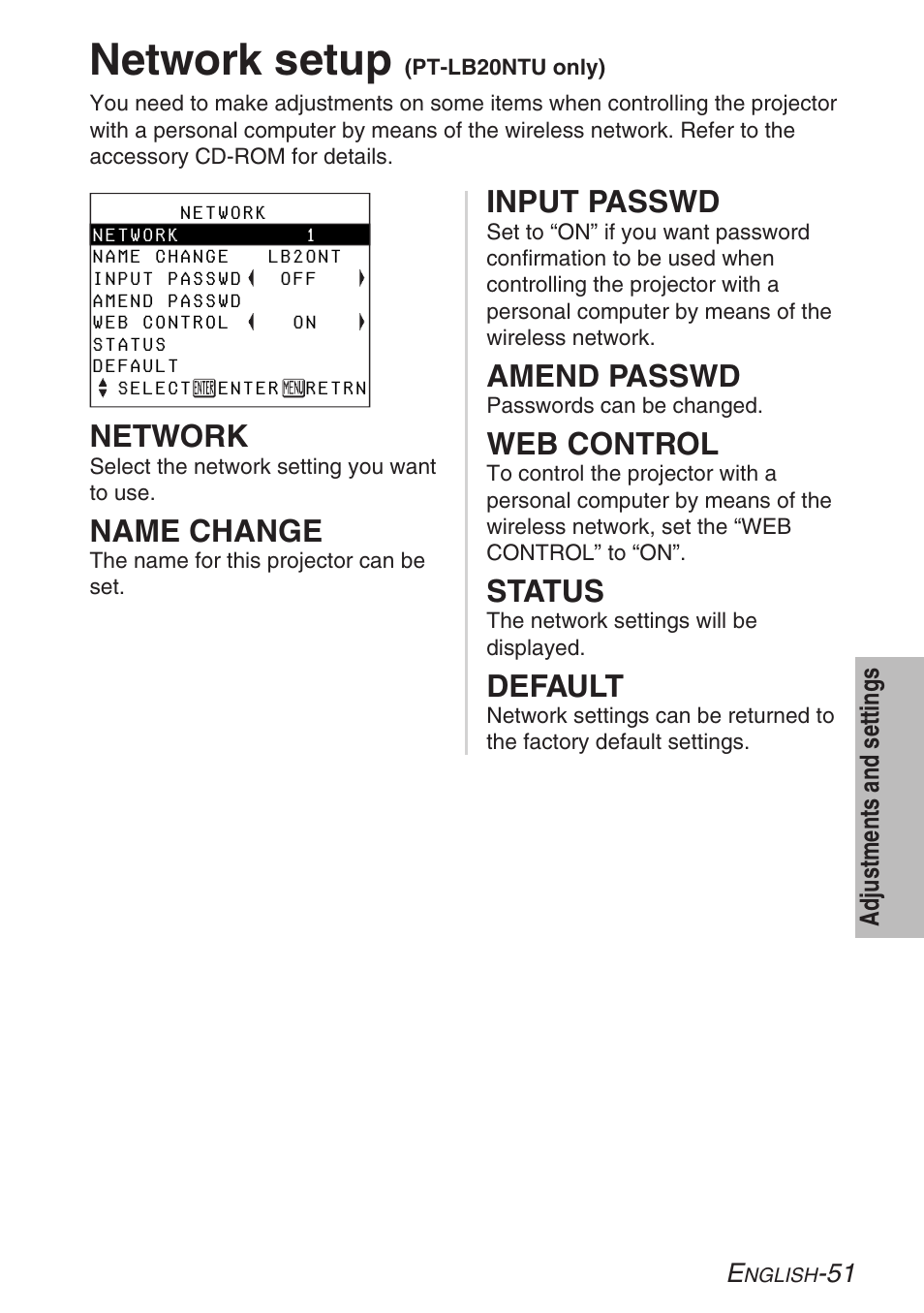 Network setup, Input passwd, Amend passwd | Web control, Status, Default, Network, Name change | Panasonic LB20NTU User Manual | Page 51 / 144