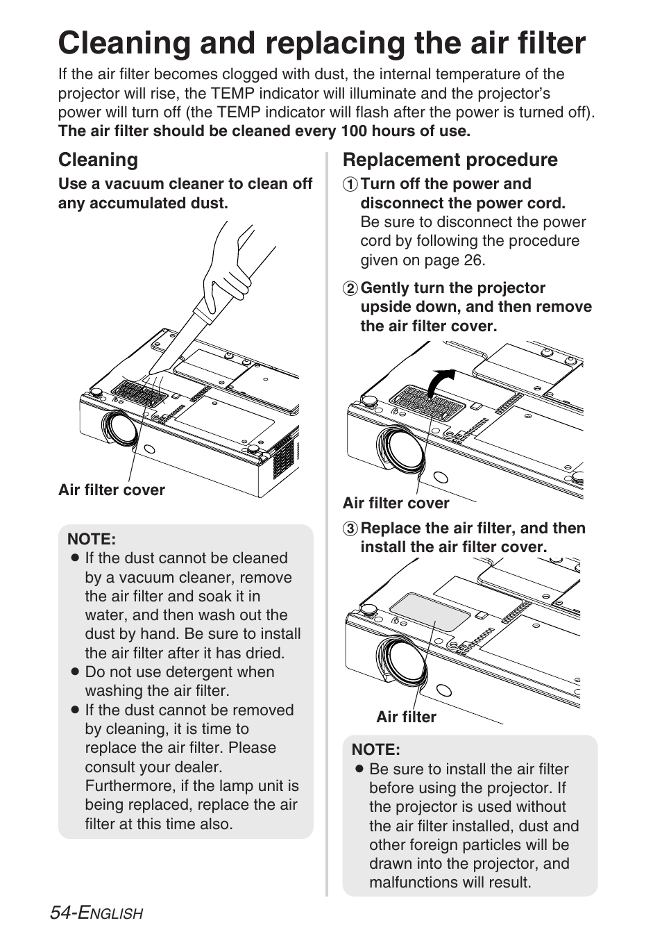 Cleaning and replacing the air filter, Cleaning, Replacement procedure | Panasonic LB20NTU User Manual | Page 54 / 144