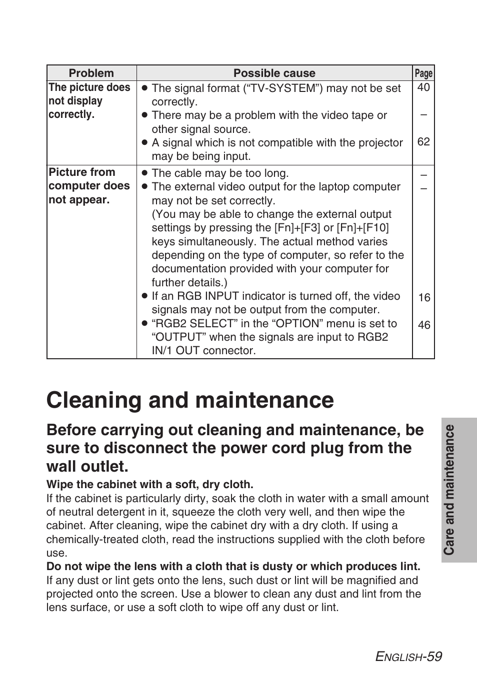 Cleaning and maintenance | Panasonic LB20NTU User Manual | Page 59 / 144