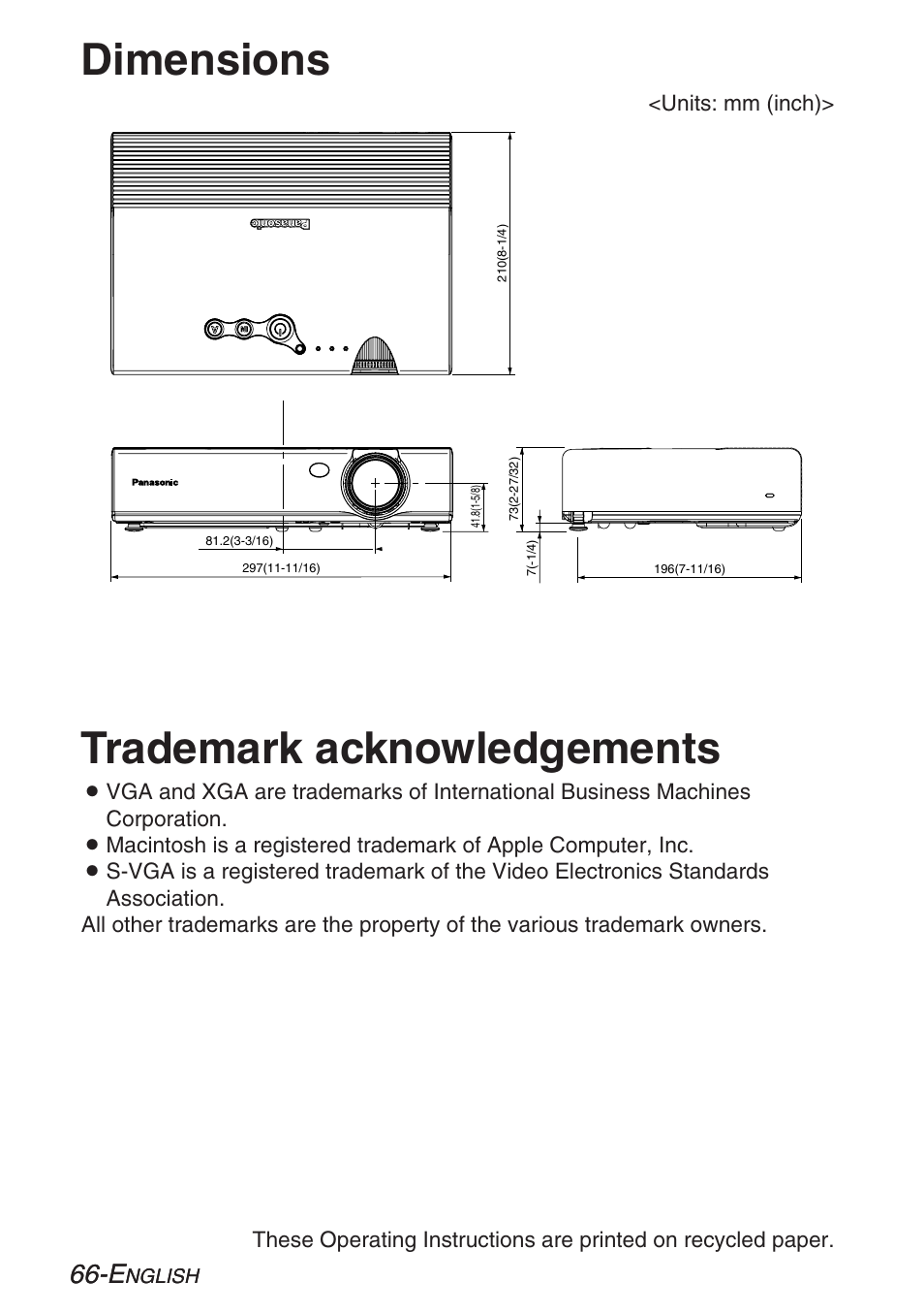 Dimensions, Trademark acknowledgements | Panasonic LB20NTU User Manual | Page 66 / 144