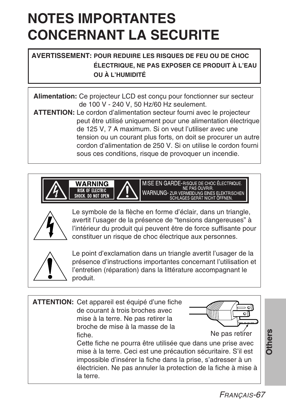 Notes importantes concernant la securite | Panasonic LB20NTU User Manual | Page 67 / 144