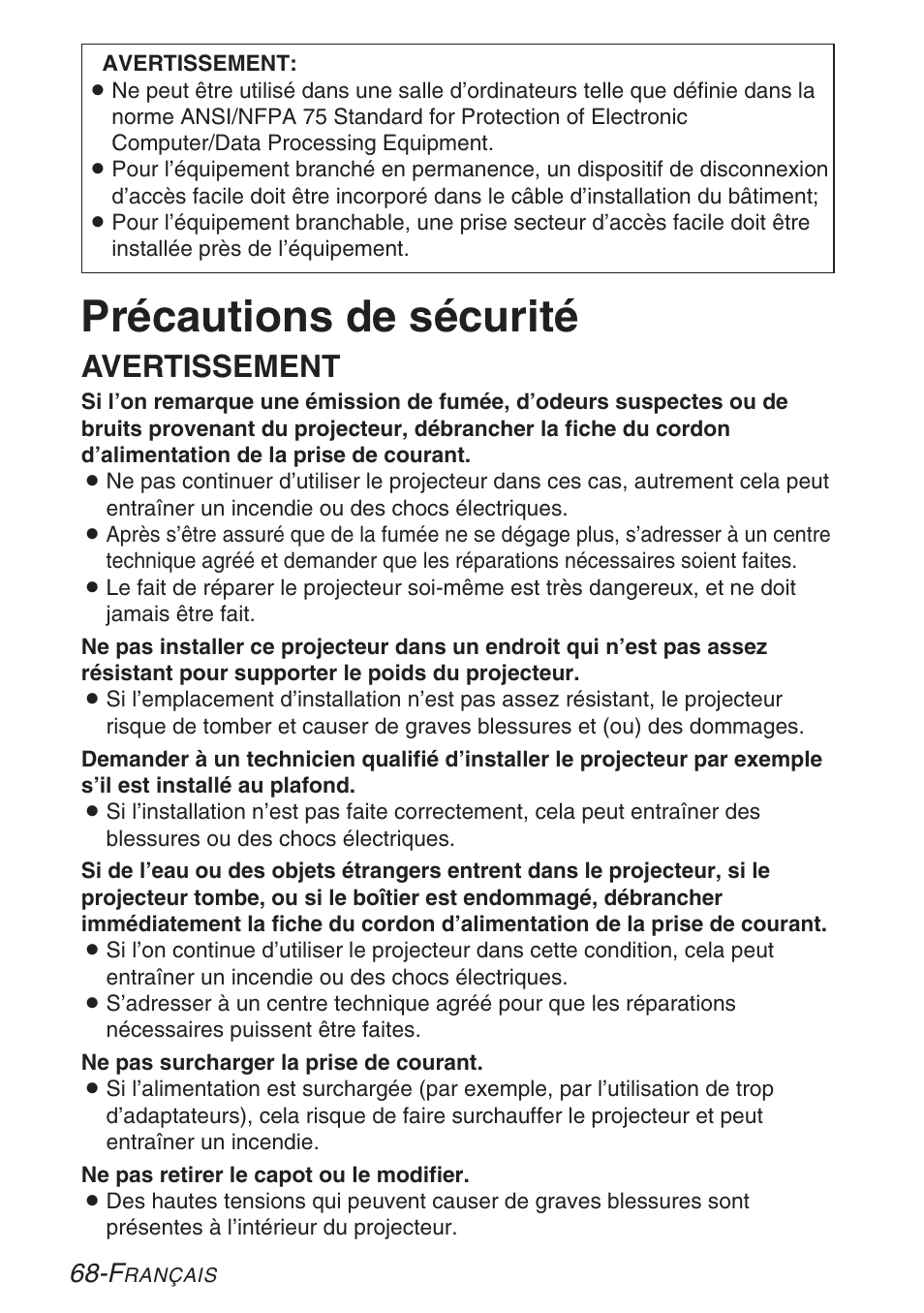Precautions de securite, Précautions de sécurité, Avertissement | Panasonic LB20NTU User Manual | Page 68 / 144