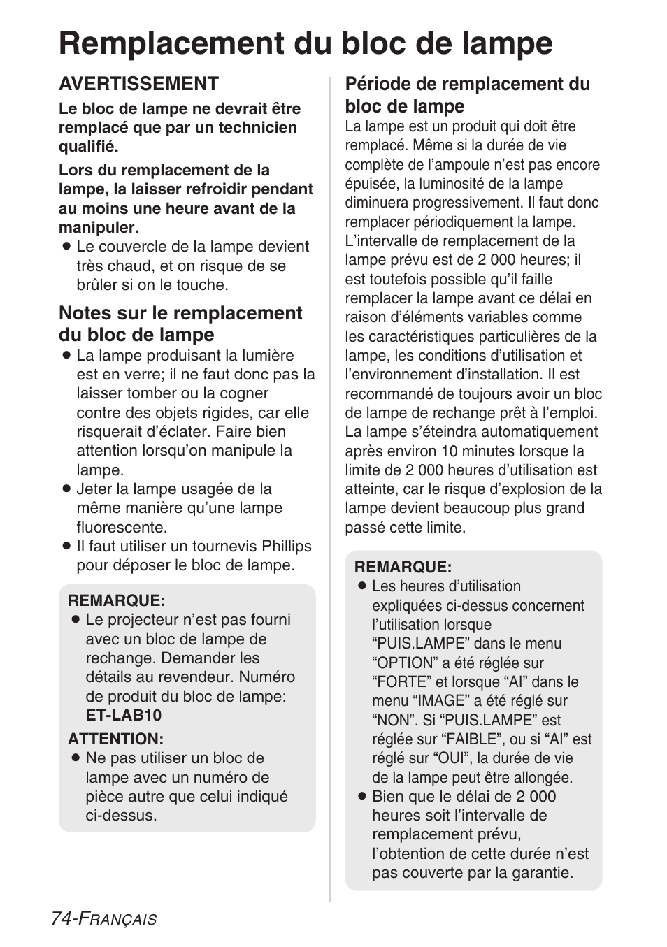 Remplacement du bloc de lampe | Panasonic LB20NTU User Manual | Page 74 / 144
