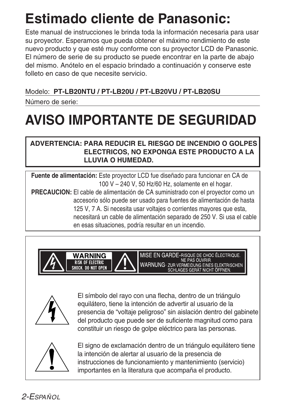 Preparativos, Aviso importante de seguridad | Panasonic LB20NTU User Manual | Page 78 / 144