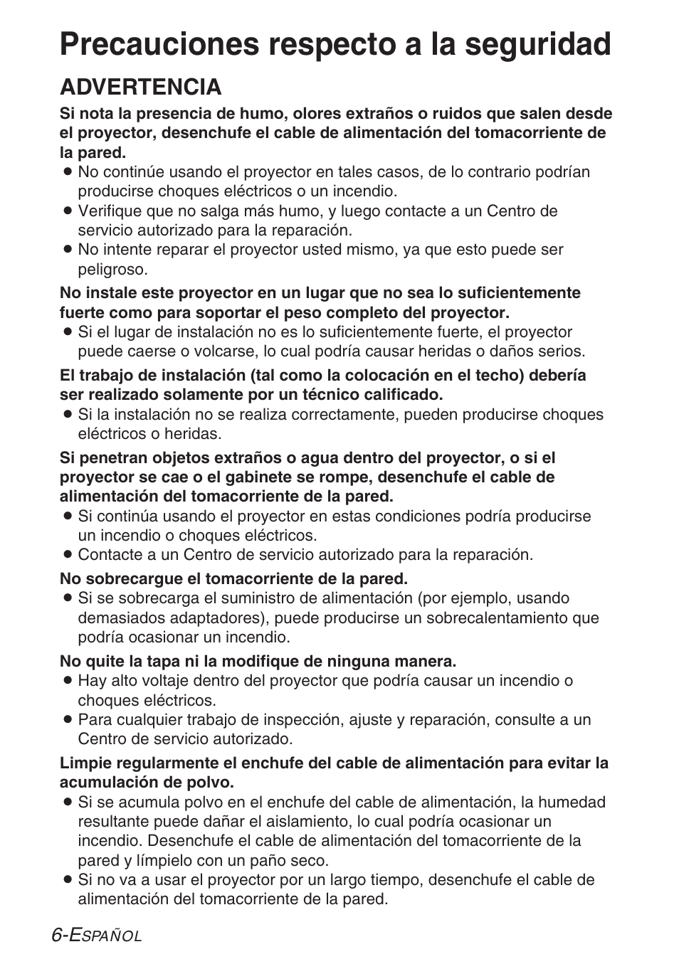 Precauciones respecto a la seguridad, Advertencia | Panasonic LB20NTU User Manual | Page 82 / 144