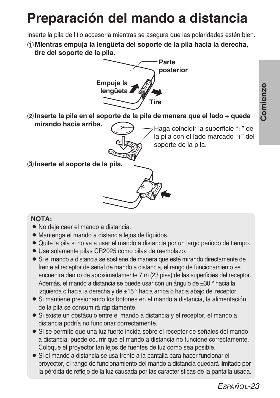 Preparacion del mando a distancia, Preparación del mando a distancia, 23 comienzo | Panasonic LB20NTU User Manual | Page 99 / 144
