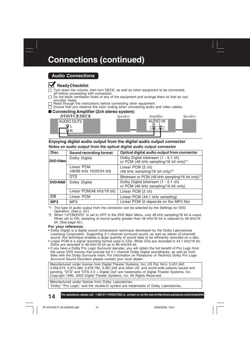 Connections (continued), Audio connections | Panasonic PV-D4744S User Manual | Page 14 / 72