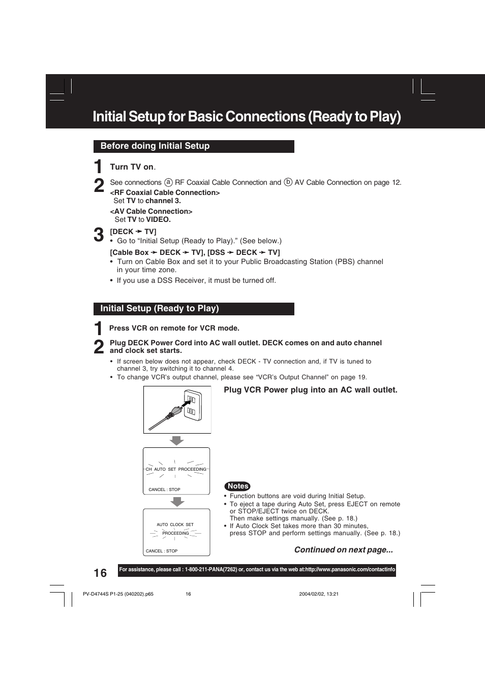 Inital setup for basic connections (ready to play) | Panasonic PV-D4744S User Manual | Page 16 / 72