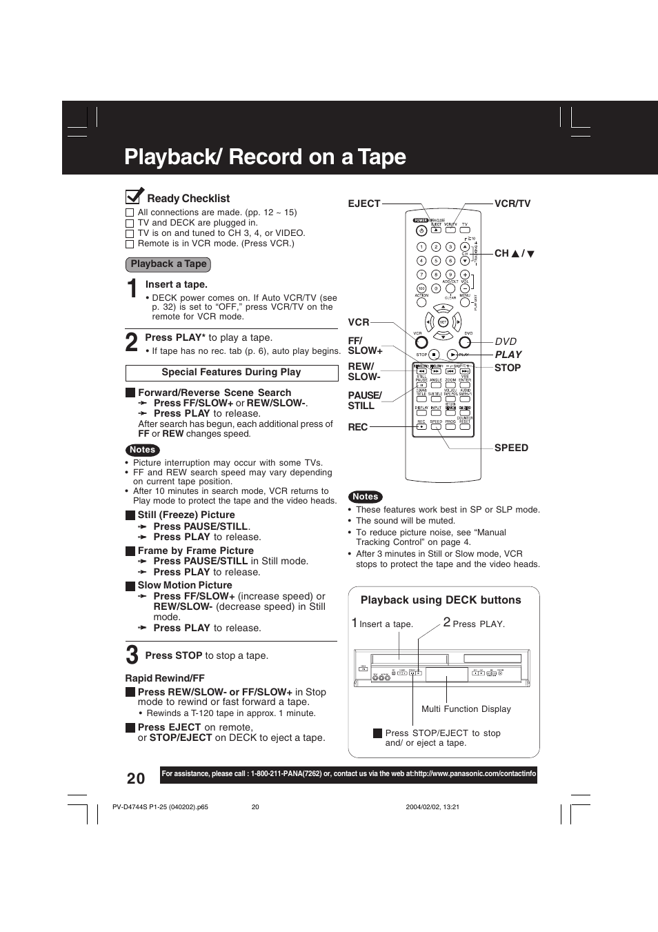 Playback / record on a tape, Playback/ record on a tape | Panasonic PV-D4744S User Manual | Page 20 / 72