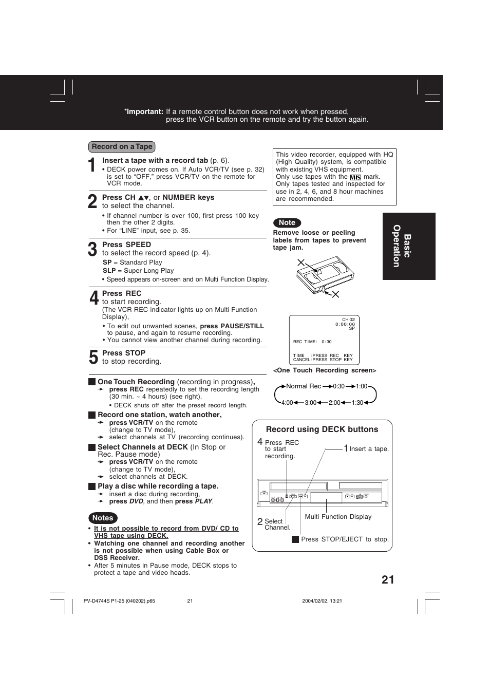 Basic operation | Panasonic PV-D4744S User Manual | Page 21 / 72