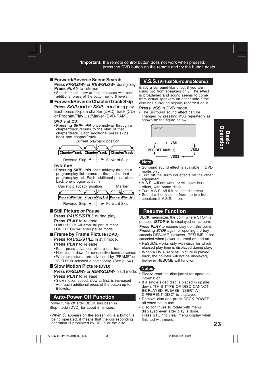 V.s.s, Auto-power off function, Resume function | Basic operation | Panasonic PV-D4744S User Manual | Page 23 / 72