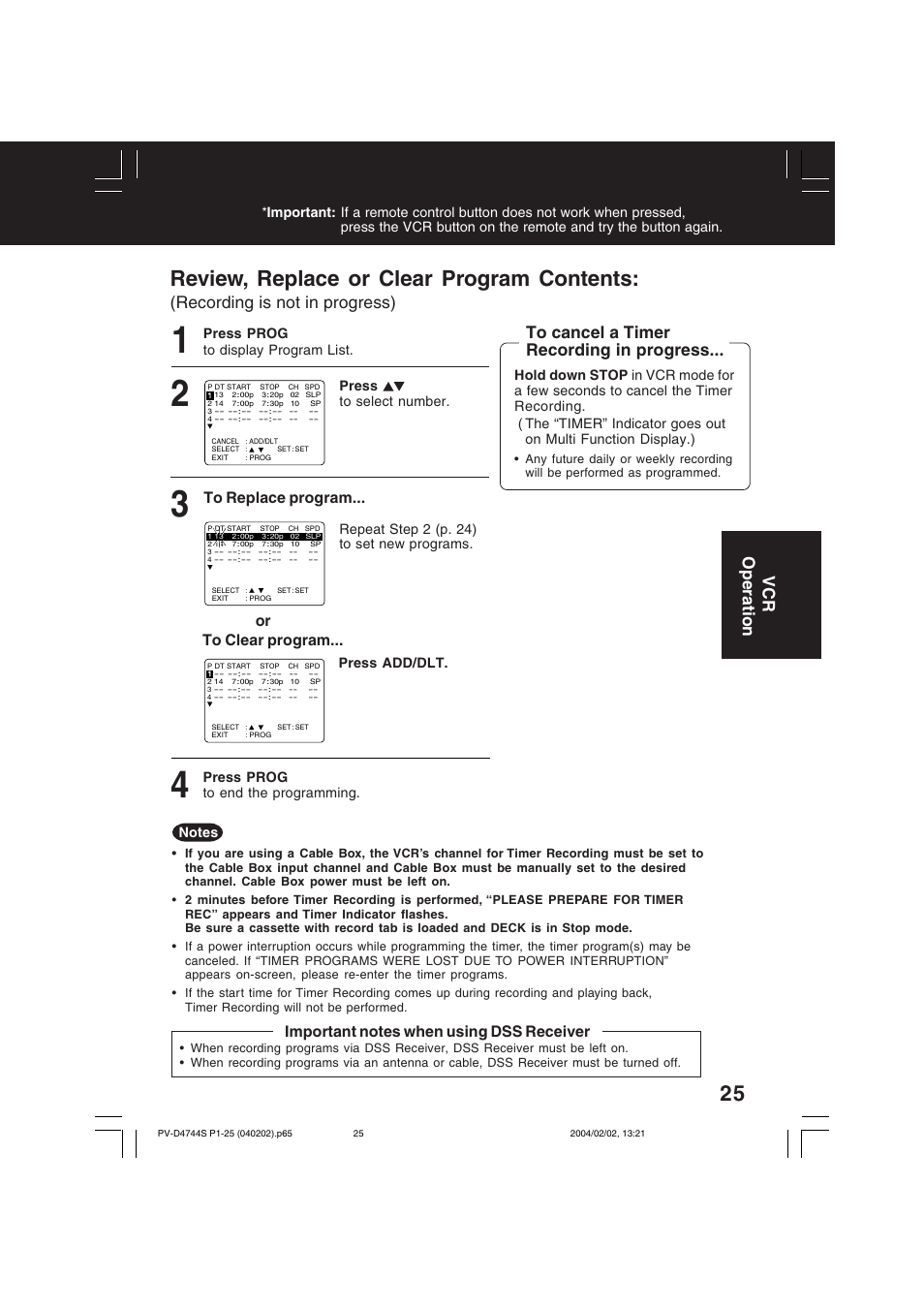 Review, replace or clear program contents | Panasonic PV-D4744S User Manual | Page 25 / 72