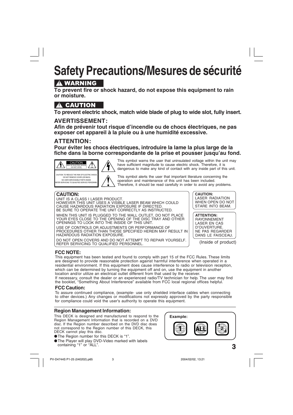 Safety precautions/mesures de sécurité, Avertissement, Attention | Panasonic PV-D4744S User Manual | Page 3 / 72