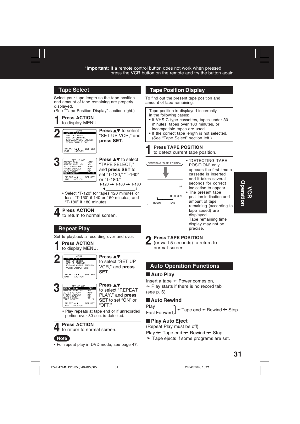 Vcr operation, Tape position display, Tape select | Repeat play, Auto operation functions | Panasonic PV-D4744S User Manual | Page 31 / 72