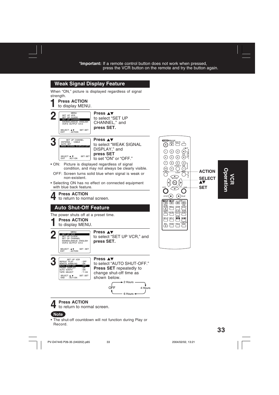 Vcr operation weak signal display feature, Auto shut-off feature | Panasonic PV-D4744S User Manual | Page 33 / 72