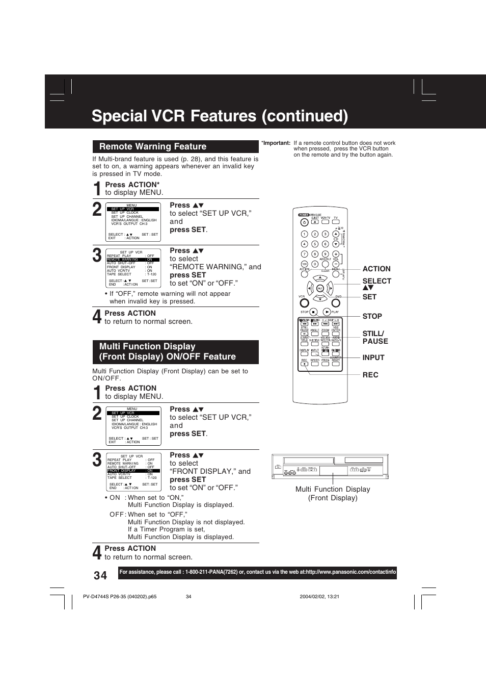 Special vcr features (continued), Remote warning feature | Panasonic PV-D4744S User Manual | Page 34 / 72