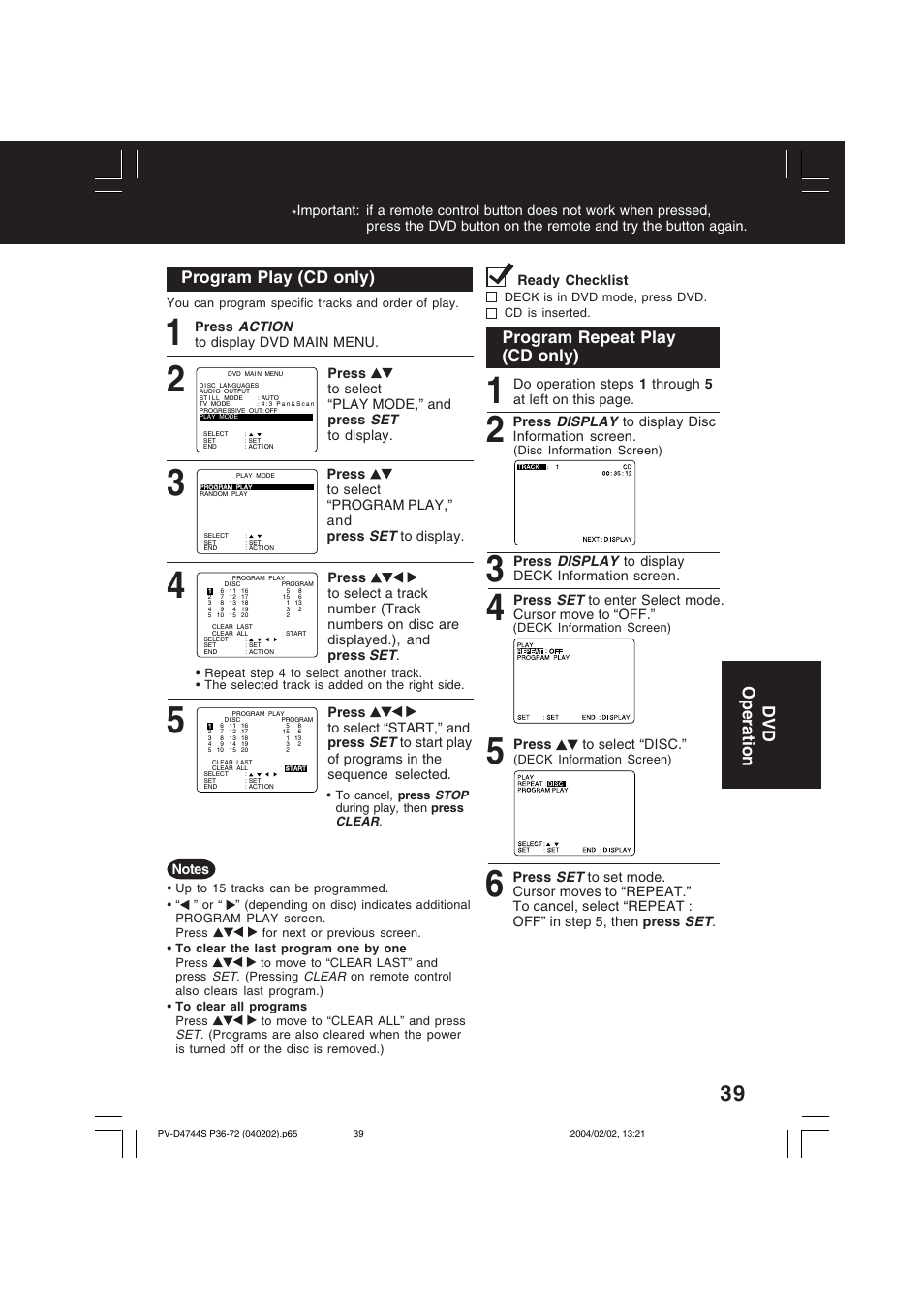 Program play (cd only), Program repeat play (cd only), Dvd operation | Panasonic PV-D4744S User Manual | Page 39 / 72