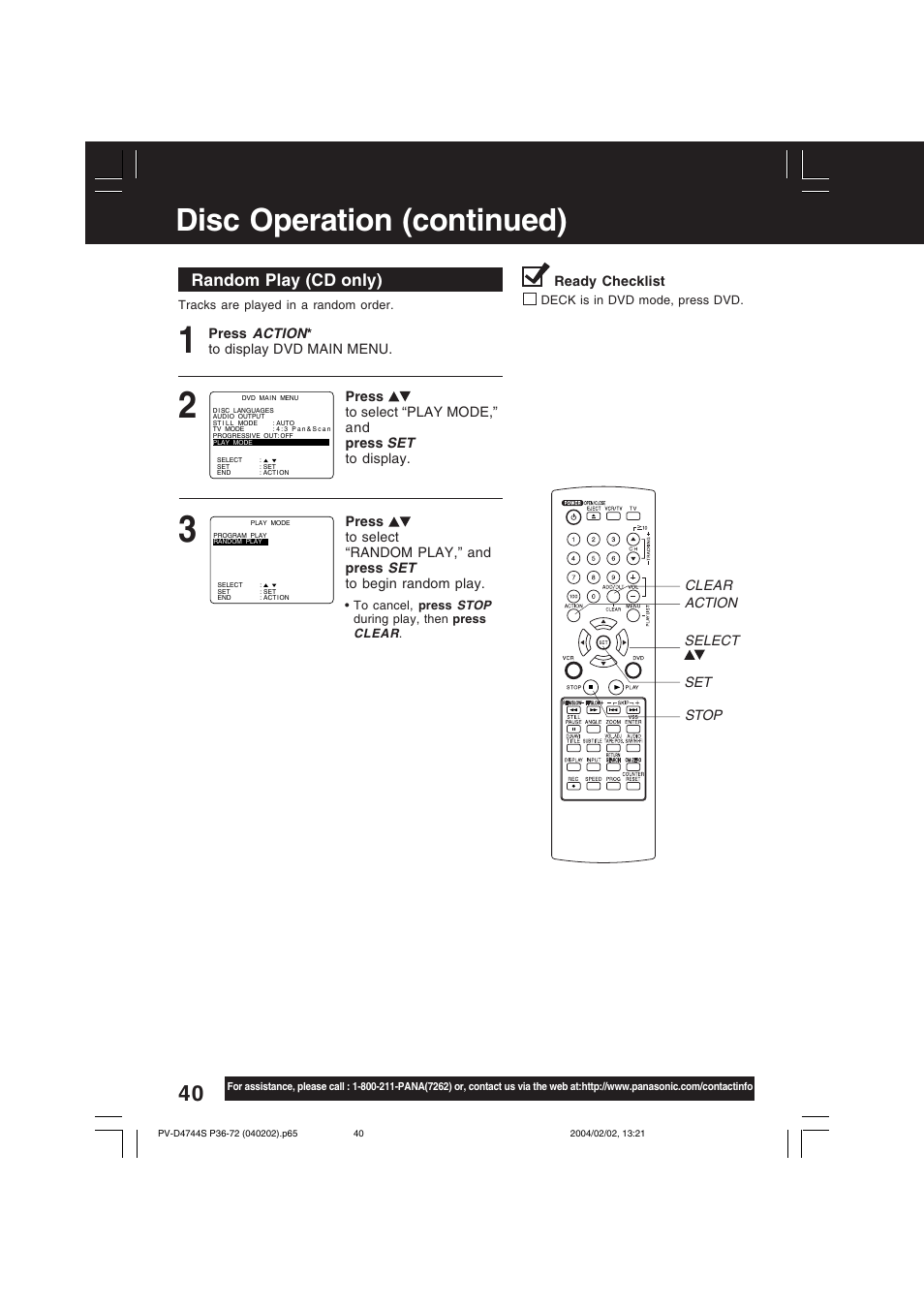 Disc operation (continued), Random play (cd only) | Panasonic PV-D4744S User Manual | Page 40 / 72