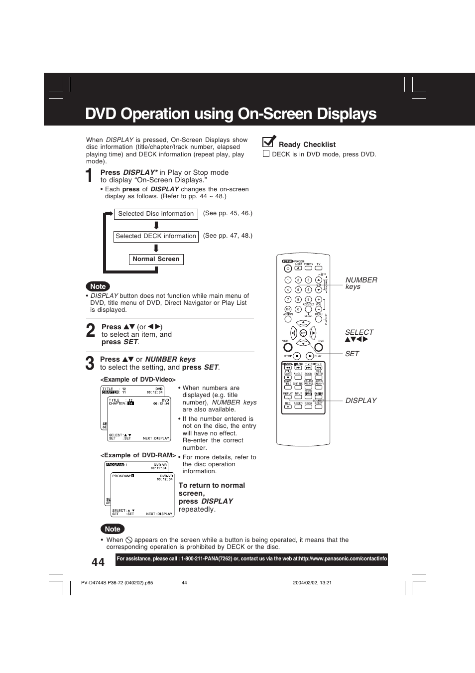 Dvd operation using on-screen displays | Panasonic PV-D4744S User Manual | Page 44 / 72