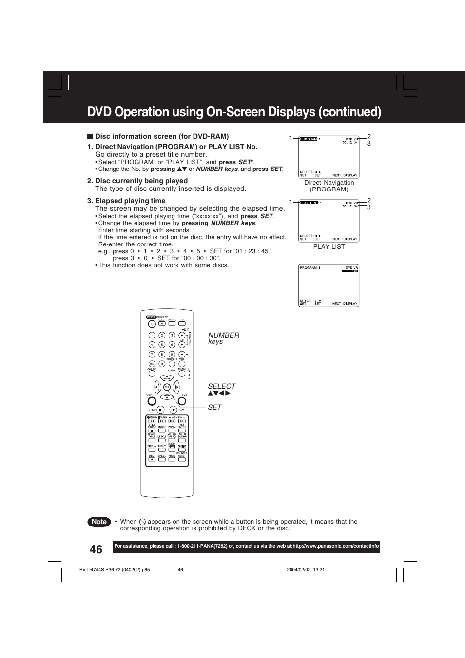 Dvd operation using on-screen displays (continued) | Panasonic PV-D4744S User Manual | Page 46 / 72