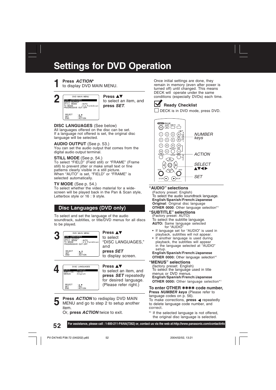 Settings for dvd operation, Disc languages (dvd only) | Panasonic PV-D4744S User Manual | Page 52 / 72