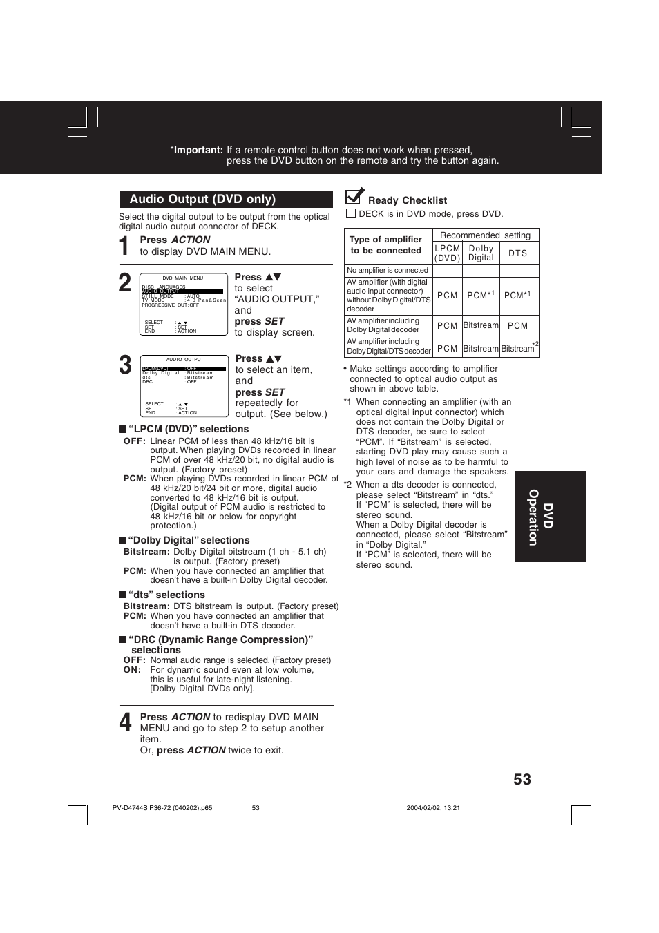 Audio output (dvd only), Dvd operation | Panasonic PV-D4744S User Manual | Page 53 / 72