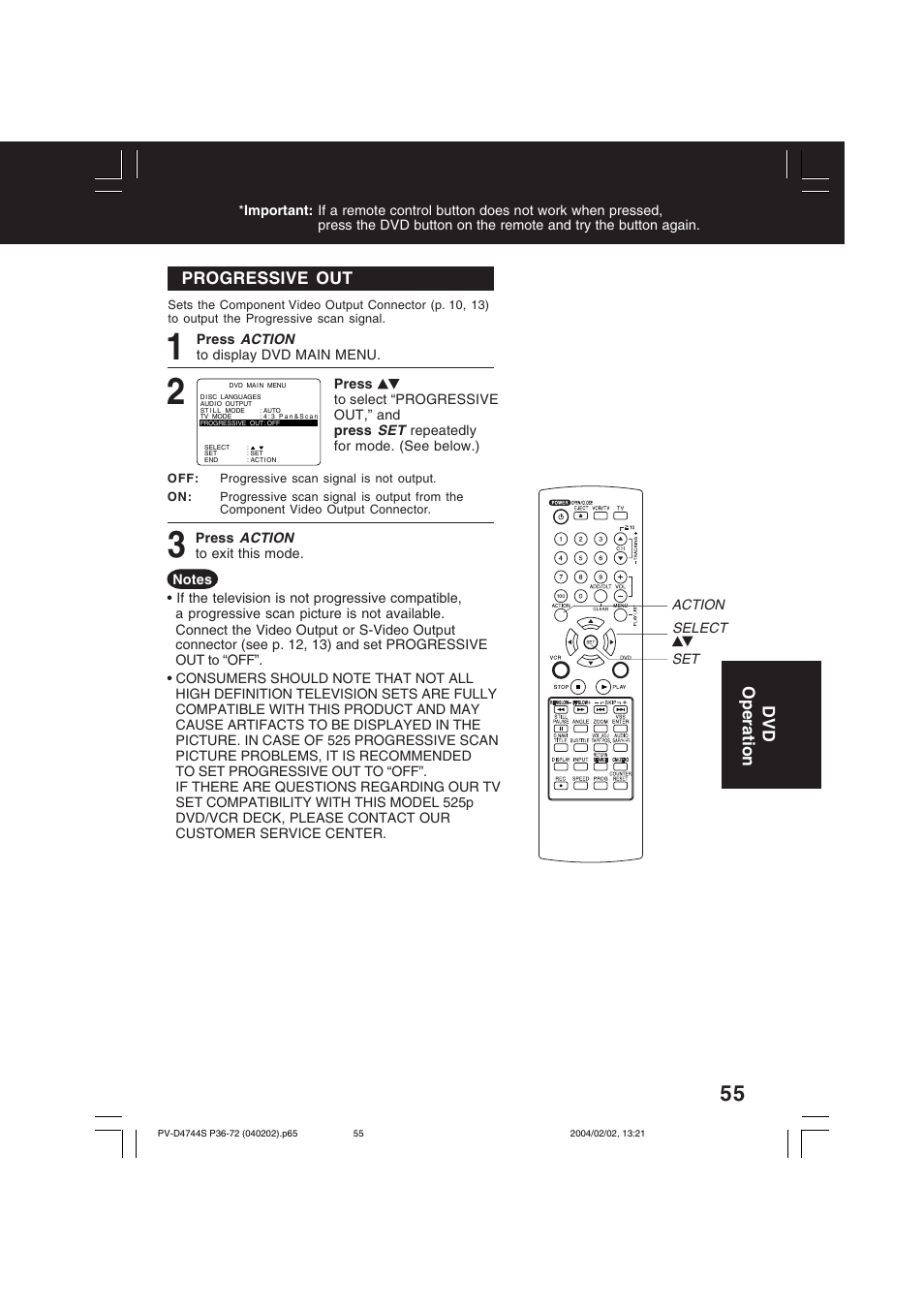 Progressive out (dvd only), Progressive out, Dvd operation | Panasonic PV-D4744S User Manual | Page 55 / 72