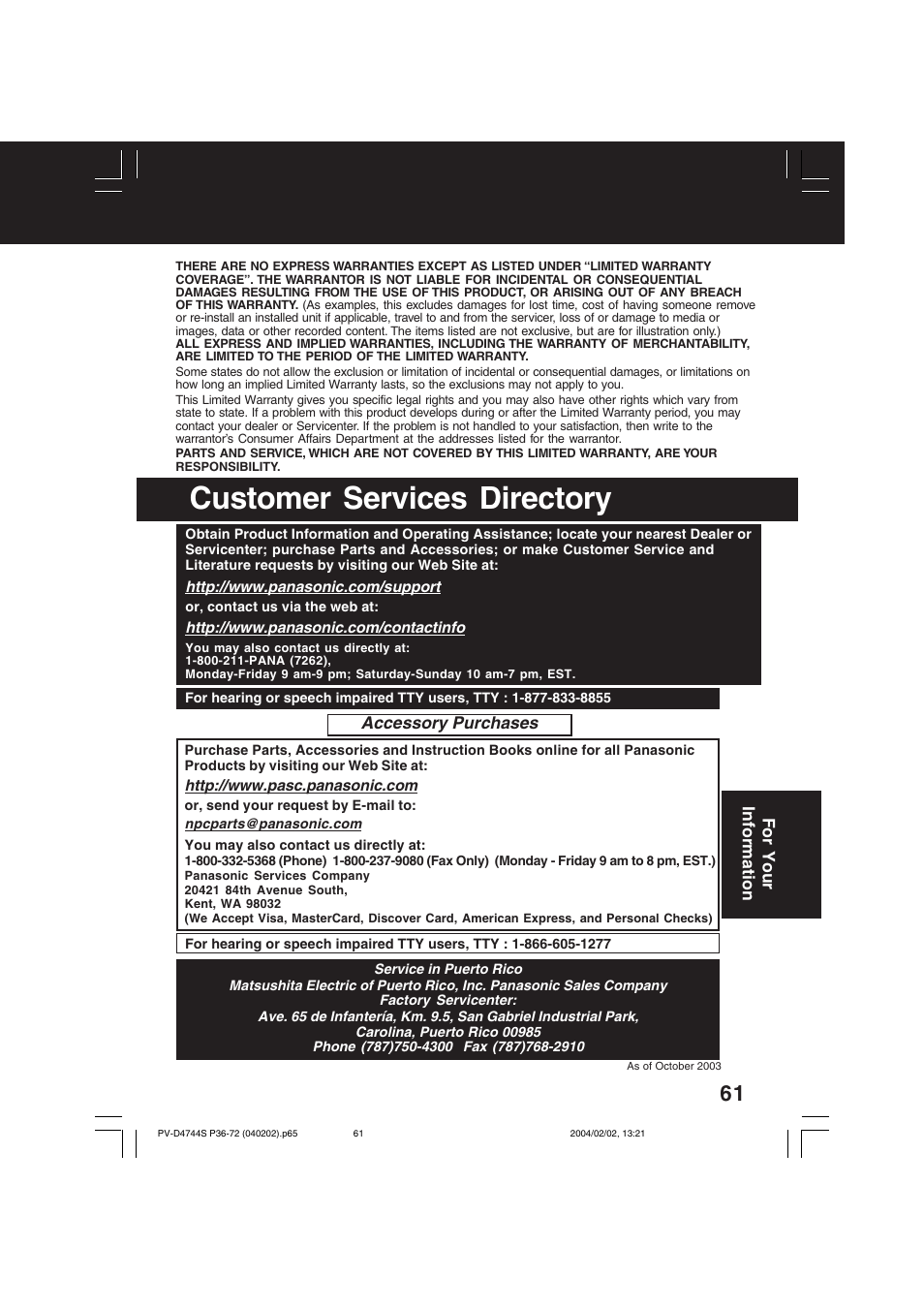 Customer services directory | Panasonic PV-D4744S User Manual | Page 61 / 72