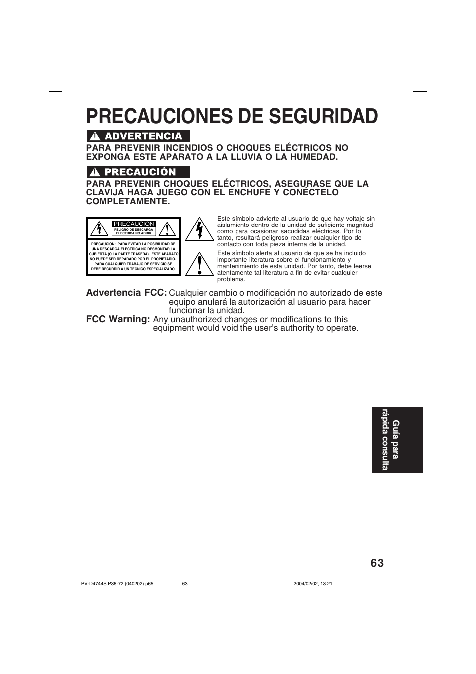 Precauciones de seguridad, Advertencia fcc, Fcc warning | Panasonic PV-D4744S User Manual | Page 63 / 72