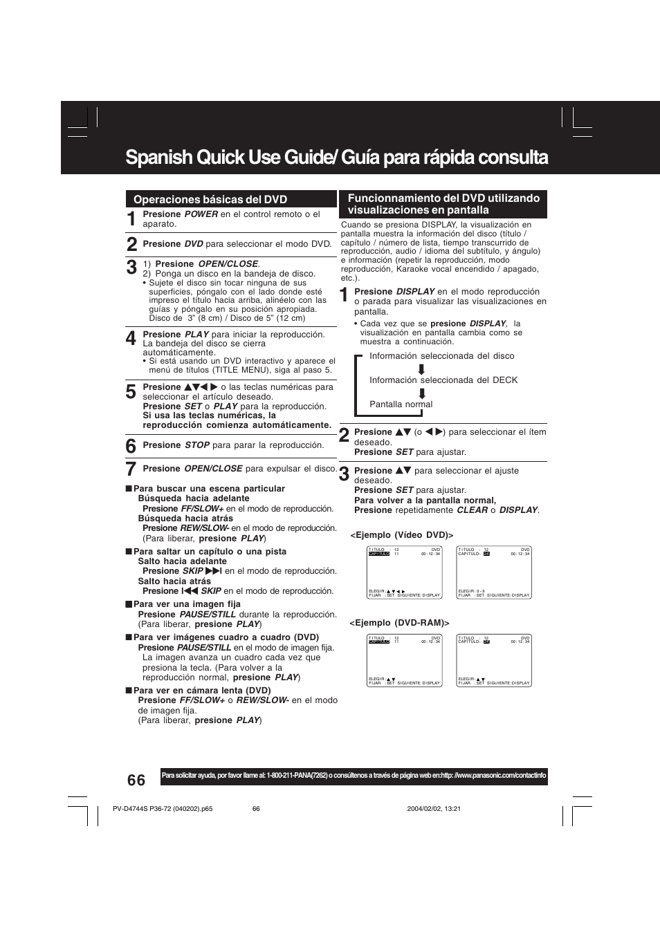 Operaciones básicas del dvd | Panasonic PV-D4744S User Manual | Page 66 / 72