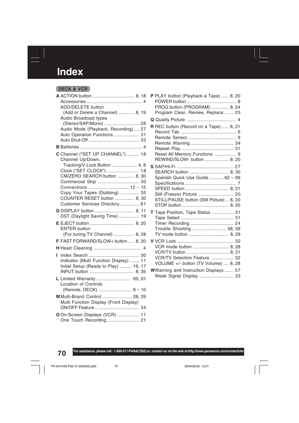 Index | Panasonic PV-D4744S User Manual | Page 70 / 72