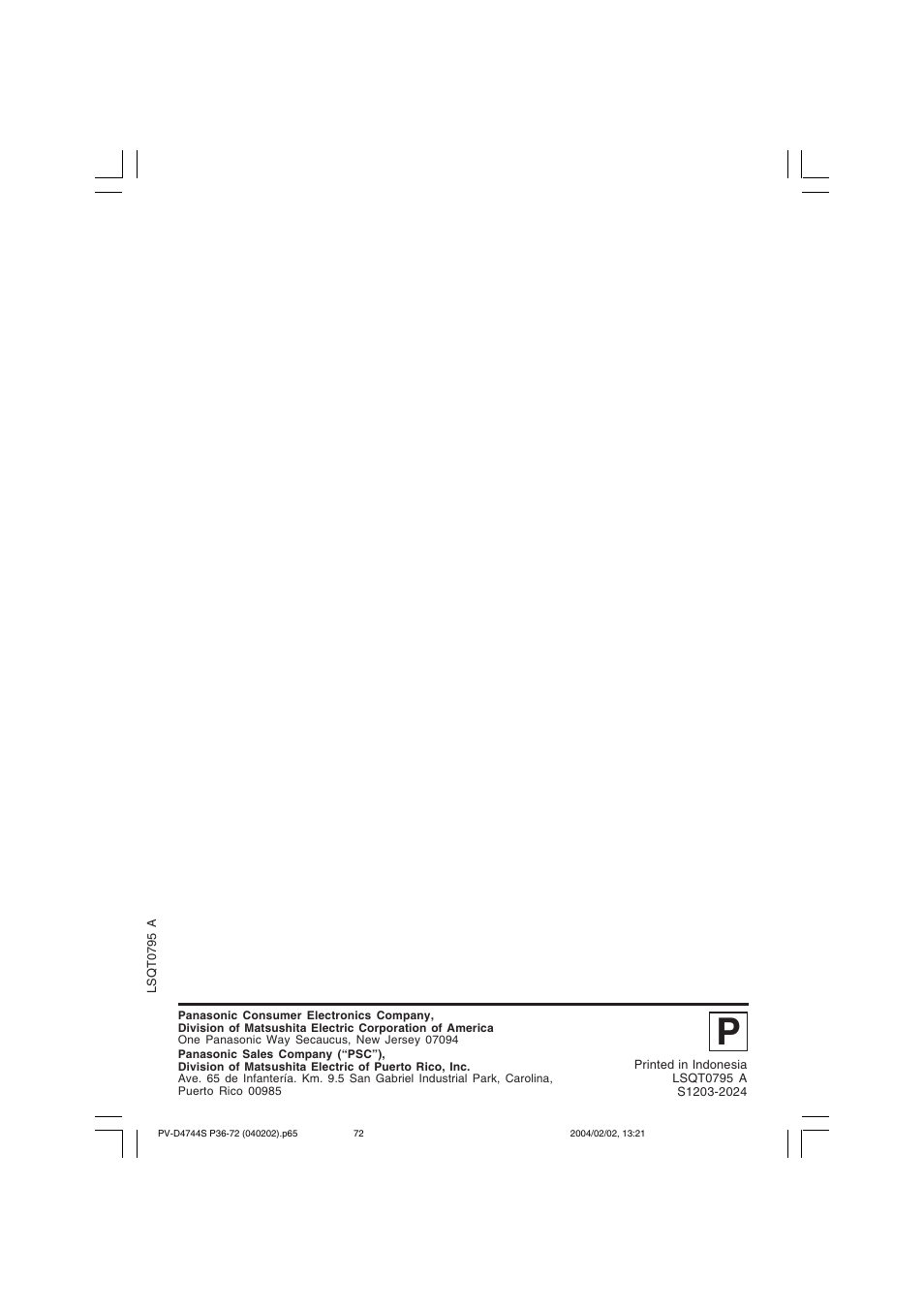 Panasonic PV-D4744S User Manual | Page 72 / 72