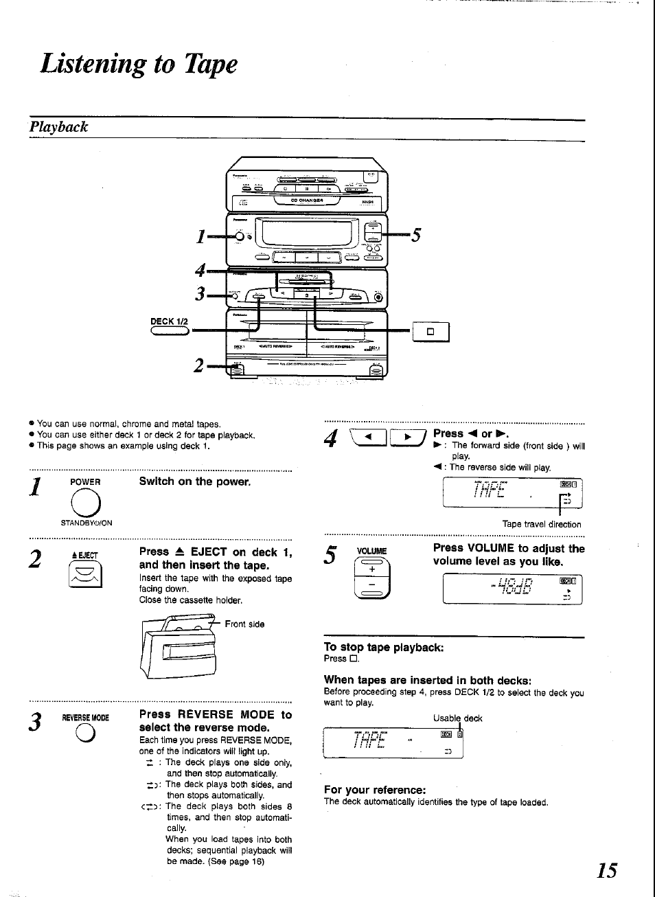 Listening to tape, Playback, Switch on the power | Press a eject on deck 1, and then insert the tape, Press reverse mode to seiect the reverse mode, Press m or, To stop tape playback, When tapes are inserted in both decks, For your reference | Panasonic SCCH52 User Manual | Page 15 / 28