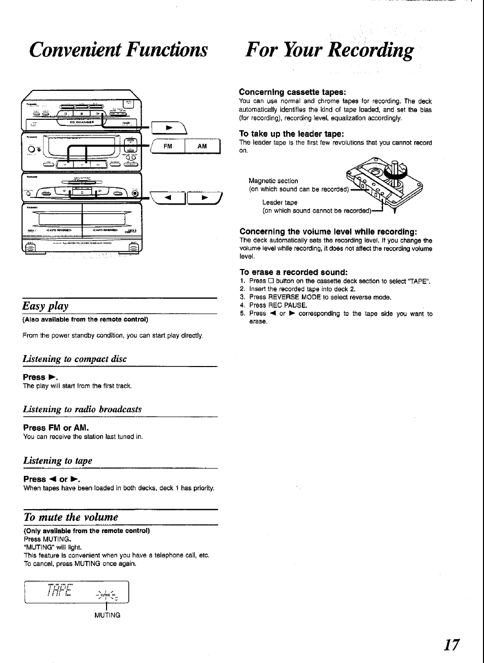 Convenient functions for your recording, Easy play, Concerning cassette tapes | Concerning the volume level while recording, To erase a recorded sound, Press, Press fm or am, Press ◄ or, To mute the volume, Listening to compact disc | Panasonic SCCH52 User Manual | Page 17 / 28