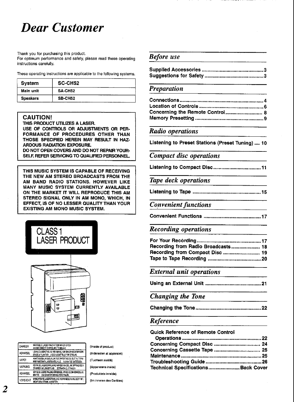 Dear customer, Before use, Preparation | Radio operations, Compact disc operations, Tape deck operations, Convenient functions, Recording operations, External unit operations, Changing the tone | Panasonic SCCH52 User Manual | Page 2 / 28